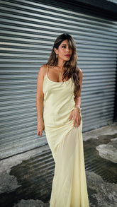 “COSMIC” SATIN SLIP MAXI DRESS WITH SHEER FINISH
